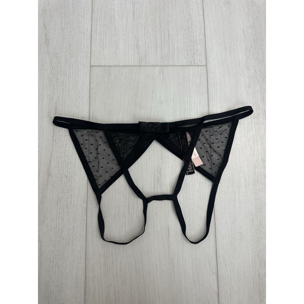 Victoria's Secret Crotchless Cheekini Very Sexy Sz XL Black Bow Mesh Rhinestones